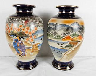 Pair of Vintage Decorative Japanese Vases with Cultural Depiction - Dk Blue with Gilded Accents - 10" Tall