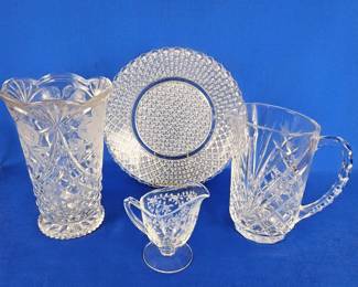 Set of Etched and Cut Crystal Essentials, Vase, Water Pitcher, Serving Plate & Tiffen Creamer w/ Etched Roses