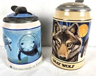 Anhauser Busch Extinct & Endangered Species Stein Collection - Gray Wolf & Manatee Decorative Beer Steins