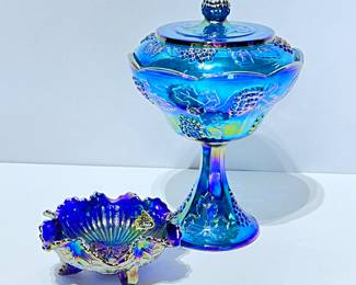 Blue Vintage Carnival Glass Candy Dish paired with Fenton Butterfly Bowl