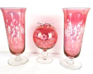 Set of Three Victorian Cranberry Glass Footed Etched Vases (2) 10" & (1) 8" Globe Vase