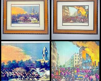 Set of 2 Firefighting Themed Framed Prints - N. Currier "The Life of a Fireman" Series- The Race & The Ruins