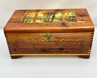 Hand Carved Vintage Cedar Jewelry Box with Mirror, Decoupage Fall Trees On Top Of Lid, Tongue and Grove Corners