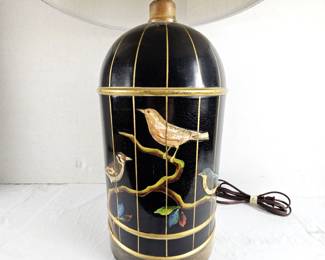 Vintage Toleware (Metal) Table Lamp 31" Tall - Looks Like Bird Cage - Oversized off White Shade