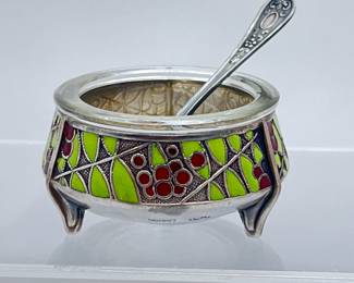  Vintage Russian Enameled Salt Cellar with Small Spoon