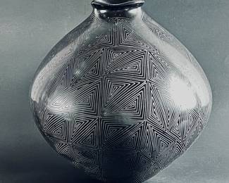 Mata Ortiz Black Ware Pottery- Etched Native American Vase w/ Geometric Design