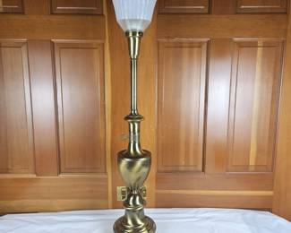 Vintage Brass Torchiere Table Lamp with white Glass Shade - Possibly Stiffel Brand. 35" High