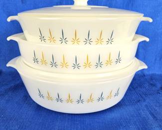  Set of Vtg 1960s Anchor Hocking Fire King Atomic Candle Glow Gold/Blue 473 - Two Casseroles, One Pie Dish