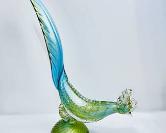  Vintage Murano Bird Glass Art- Venetian Italian Roadrunner in Light Blue and Gold Flecks 