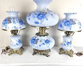 Set of Three Vintage 1970s Hurricane Lamps w/ Thick Blue Milk Glass & Blue Flowers, Brass Base & Accents