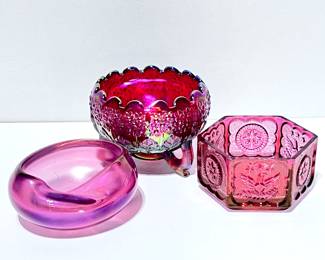 Vintage Pink Glass Decorative Lot - Fenton Plum Rose Bowl, Tiara Glass Dusty Rose Bowl, Vintage Pink Ashtray