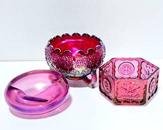 Vintage Pink Glass Decorative Lot - Fenton Plum Rose Bowl, Tiara Glass Dusty Rose Bowl, Vintage Pink Ashtray