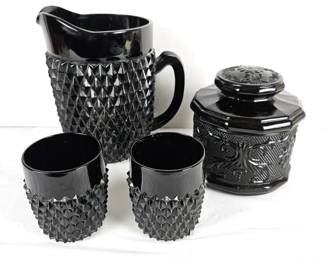  Set of Art Deco Indiana Glass Black Tiara Diamond Water Pitcher, Water Goblets and Lidded Canister