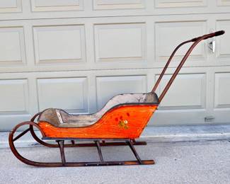 Antique Childs Decorative Wooden Sled with Metal Runners and w/ Charming Floral Motif