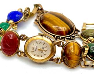  Antique Pedre 17 Jewels Swiss Watch-12k Gold Filled- Scarab Band w/ Semi-precious Stones