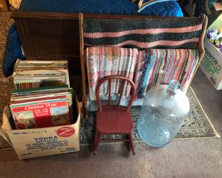 Records, doll chair, quilt rack, rugs
