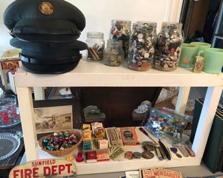 Buttons, Military caps, matches, vintage Christmas, marbles