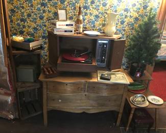 Record player, dresser, side table