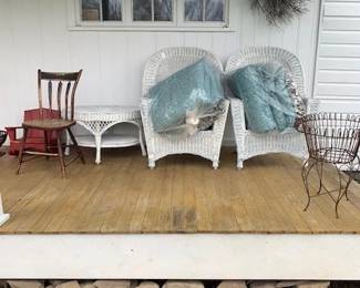Another group of wicker; primitive chair; child's red paint lawn chair; iron planter.; wall decor.