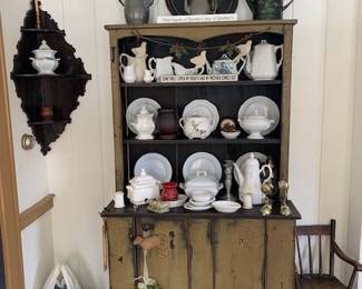 Contemporary cupboard.  Corner shelf.  Tole ware, tin and pewter coffee pots, collection of white ironstone. Child's hi chair.