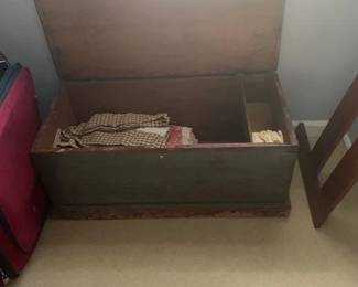 Nice size blanket box in original blue paint.  Various quilts, coverlets pictured previously.