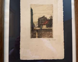 Hand Colored Etching, village scape by Gremillet