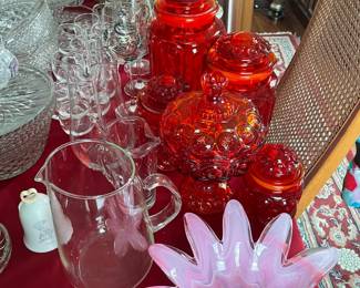 Vintage glassware including Ruby Red glass.