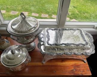 Selection of silverplate serving dishes.