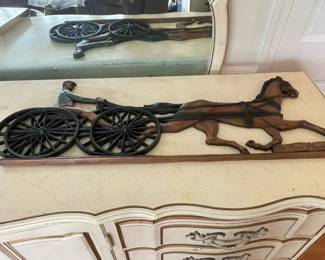 VINTAGE SYROCO WOOD WALL ART HORSE AND CARRIAGE FOUR WHEELED SULKY DECORATIVE.