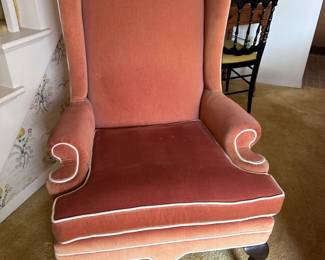 (Lot 9) $150  - Vintage Ethan Allen Wing Chair - Salmon Velvet 28w 26d 44h back, seat measurements 19w 21d 18h