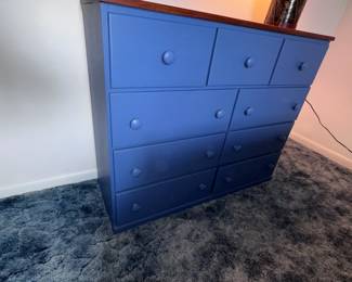 (Lot 28)  $150 - Blue Painted Dresser, Natural Top, 9 drawers, 40w 14d 33h