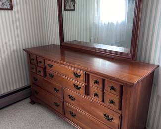 (Lot 16) $250 -  Kling American Emblem Dresser with Mirror, 10 roomy drawers. 60”w 19”d 32”h.    44-1/4”w  mirror