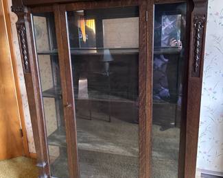 (Lot 26) $300 - Antique Tiger Oak Glass Walled China Cabinet 47”w 17”d 63”h