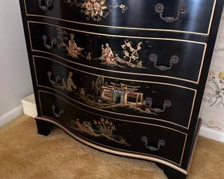 (Lot 6) $200 - Black Lacquer Chest of Drawers - Chinoiserie by Maddox 30w 18d 30h