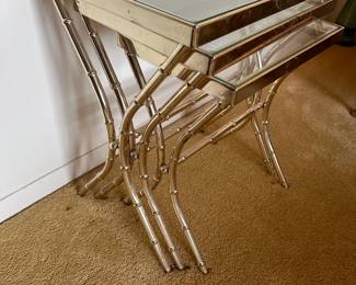 (Lot 11) $ 200 - Vintage Faux Bamboo Brass Nesting Tables - Set of 3.   Largest table 18.5ʺW × 12ʺD × 21ʺH.