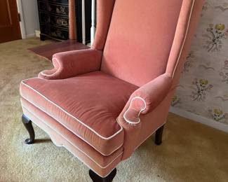(Lot 9) $150  - Vintage Ethan Allen Wing Chair - Salmon Velvet 28w 26d 44h back, seat measurements 19w 21d 18h