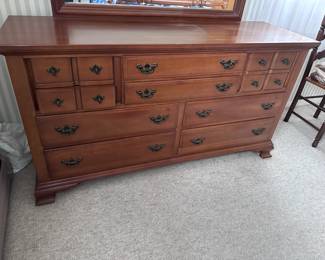 (Lot 16) $250 -  Kling American Emblem Dresser with Mirror, 10 roomy drawers. 60”w 19”d 32”h.    44-1/4”w  mirror