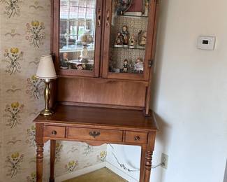 (Lot 5) $250 - Tell City Writing Desk, Lighted Glass Cabinet, Hard Rock Maple, Young Republic.  32-1/2"w 18"d 39-1/2"h.  Two glass shelves inside cabinet.  