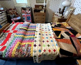 Crazy quilt, windowpane, yo-yo and a very unusual combination of quilt/woven coverlet