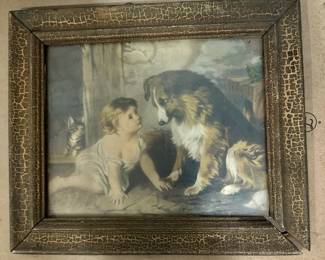 Victorian print of baby and collie