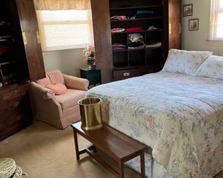 bed, linens, wardrobes, chair