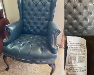 Mid - Late 20th Century Vintage Tufted Blue Leather Queen Anne Wing Chair from Highpoint Chair Co. in NC