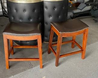 Very Unique! Vintage folding upholstery barrel bar.  2 hammer head counter bar stools.