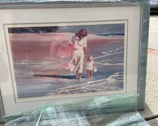 Beautiful art and frame, girl with woman on beach, signed 