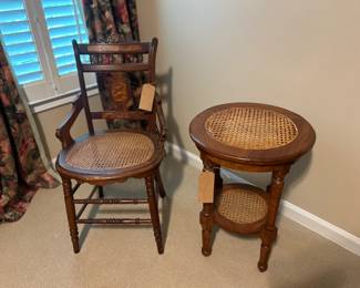 Beautiful Cane/Walnut Chair and Cane Side Table