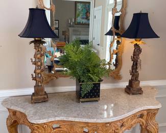 Marble Top Entry Table and Stacked Wood Elephant Lamps