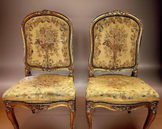 Pair of Authentic Period French Gilded Chairs with original tapestry upholstery $450 or bid #4