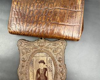 Vintage leather purse and antique picture
