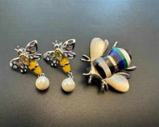 Sterling silver enamel bee earrings and brooch