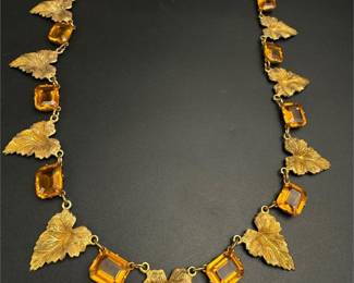Beautiful art deco amber colored glass leaf necklace 